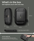 All In One Golf Gear Organizer Pouch Valuables Holder For Balls Tees Markers Gloves Range Finder Phone Wallet And Launch Monitor With Durable EVA Hard Shell And Water Resistant Design, dimensions shown and hand holding it.