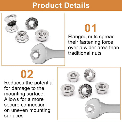 50 Pcs Hex Flange Nuts M10 X 1.25mm Stainless Steel 304 Serrated Flange Lock Nuts Bright Finish Deep Full Thread Heavy Duty for Auto Marine and DIY Projects, shown with wrench