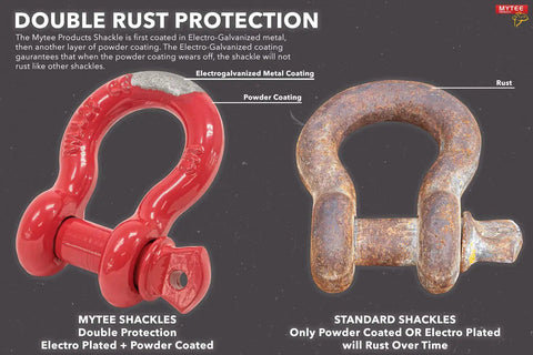 Beefy Seven-Eighth Inch Anchor Shackle Forged Carbon Steel With Alloy Screw Pin, 6.5 Ton Working Load Limit, Heavy Duty D Ring Shackle For Towing Rigging And Vehicle Recovery, Rust Resistant, 4 Pack showing double rust protection coating