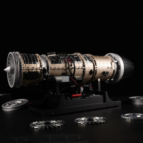 Kickass Metal Turbofan Engine Model Kit For Aviation Buffs 1 10 Scale Cutaway Aircraft Engine Display 600 Piece Assembly Project close-up view on black background.
