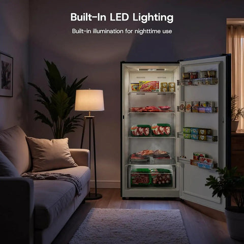 Top Shelf 14 Cubic Foot Upright Freezer With Convertible Fridge Design, showcasing interior LED lighting and food items.