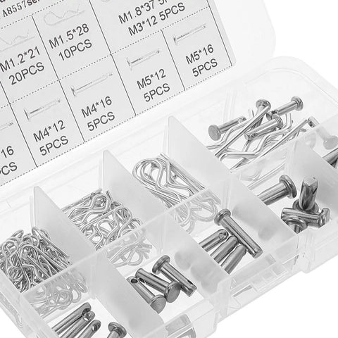 100 Piece Assorted Cotter Pin And Hitch Pin Kit For Quick Install And Easy Removal With R Clips And Safety Locks Heavy Duty All Purpose Trailer Hitch Rigging Gear For Outdoor Use, organizer tray with silver pins and clips