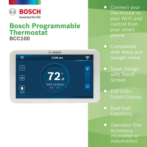 Large 5 Inch Full Color Touchscreen WiFi Thermostat For 24V HVAC Systems With Alexa Enabled Control App display