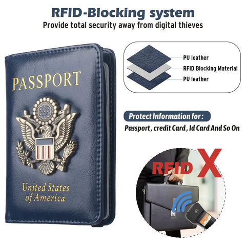 RFID Blocking Passport Holder Travel Wallet With Vaccine Card Slot Waterproof Leather US Passport Cover For Men And Women 3D Eagle Emblem Organizer Plus in blue with RFID-blocking layers and security features.