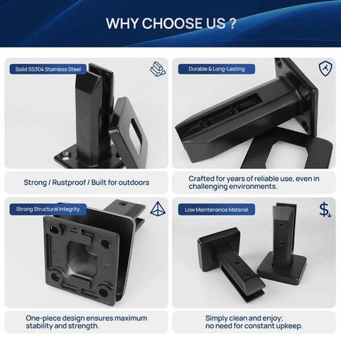 Heavy Duty Matte Black Glass Railing Spigot 2.1lb T304 Stainless Steel Clamp Post No Drill Design shown in four detailed views.