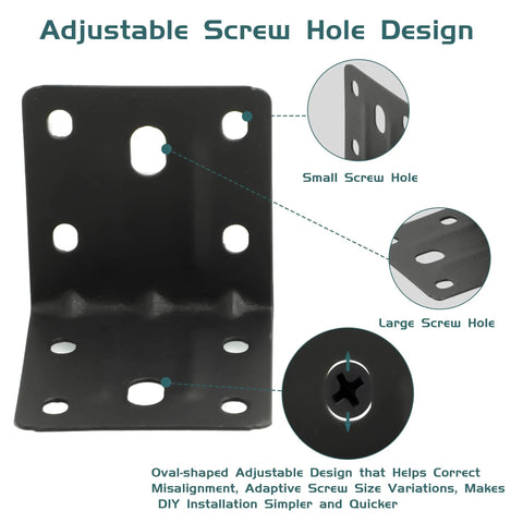 Heavy Duty Black L Brackets 2x2 Inch Steel Angle Supports showing adjustable screw hole design for improved installation.