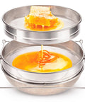 Beekeeping Honey Strainer Filter Set Two Piece With Double Sieve Stainless Steel Beehive Extractor Gear in use with honey comb