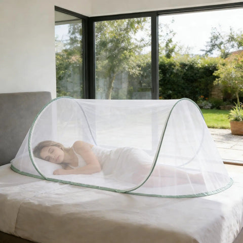 Instant Pop Up Mosquito Tent For Bedroom Camping And Patio, foldable bug net, setup on bed with breathable mesh, 77x30x23 inches.