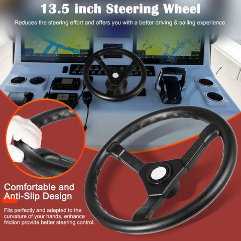 Rotary Marine Steering System Kit with 13.5 inch wheel shown on boat dashboard with close-up of anti-slip grip design.