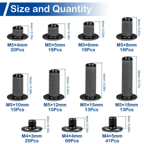 Slick Heavy Duty Black Chicago Screws And Leather Rivet Hardware Kit 128 Piece Binding Screw Assortment For Belts Craft Projects size chart with dimensions.