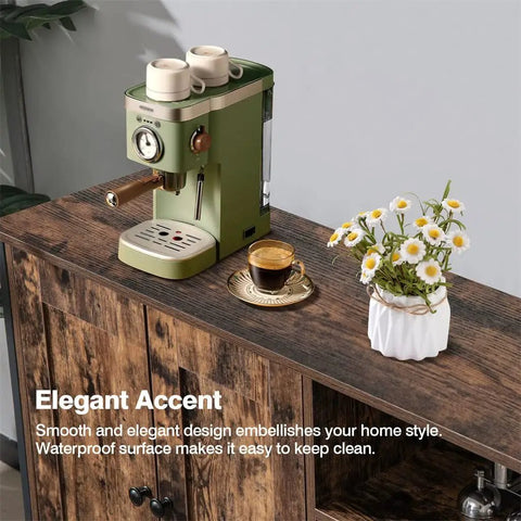 Heavy Duty Two Door Industrial Kitchen Storage Cabinet Featuring Slick Magnetic Closures Rock Solid Steel Frame And Next Level Adjustable Shelves Vintage Sideboard For Home Or Office with coffee machine and flowers.