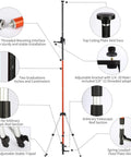 Diagram of Heavy Duty Telescoping Laser Level Pole With Adjustable Tripod Mount Kit, showcasing parts and measurements.