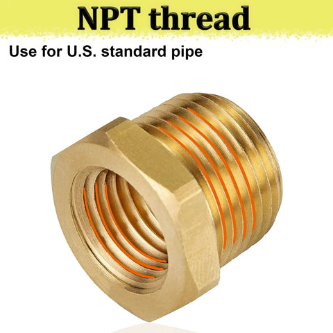 Brass pipe reducer adapter, 3/4 in MNPT to 1/4 in FNPT, hex body