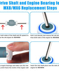 Guide to replacing drive shaft and engine bearing for MX8 MX6 pool cleaners with step-by-step instructions.