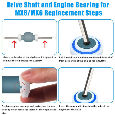 Guide to replacing drive shaft and engine bearing for MX8 MX6 pool cleaners with step-by-step instructions.