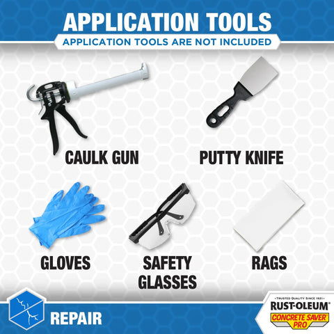 Image of tools needed for Concrete Crack Repair Sealant Quick Set Pro 8.6 Oz Limestone application, including caulk gun, putty knife, gloves, safety glasses, and rags.
