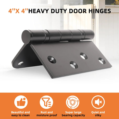 Tough As Nails Heavy Duty Black Door Hinges With Removable Pin And Zero Friction Ball Bearing Design Workhorse Hardware For Exterior Swing Doors Left Or Right Setup 4X4 hinge featuring smooth matte black finish and multiple mounting holes.