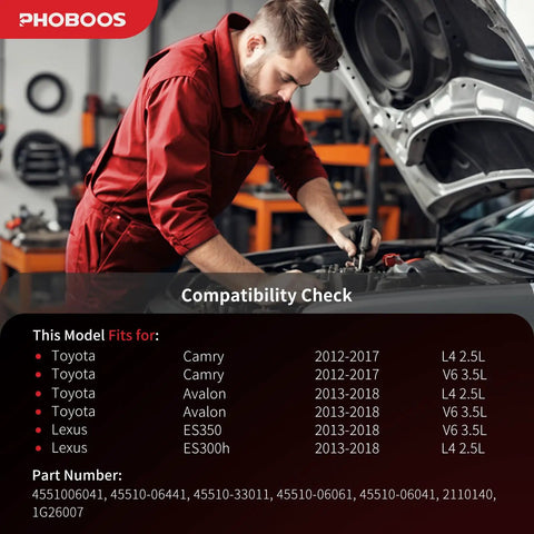 Mechanic inspecting manual steering rack and pinion assembly compatible with Toyota Camry 2012 2017 Avalon 2013 2018 Lexus ES350 ES300h