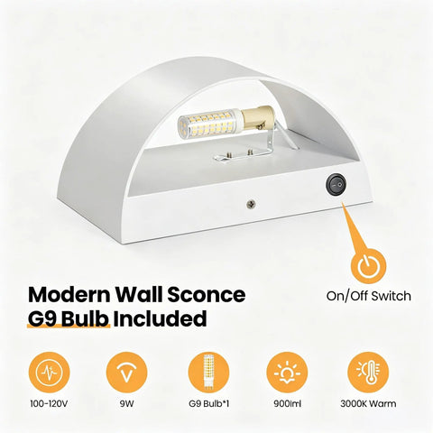 LED Wall Sconces Hardwired with On/Off Switch, Modern Wall Light, White, featuring G9 bulb and built-in switch.
