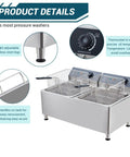 Festisoul 22Qt Double Commercial Electric Deep Fryer with adjustable legs, thermostats, and two wire baskets for professional kitchens.