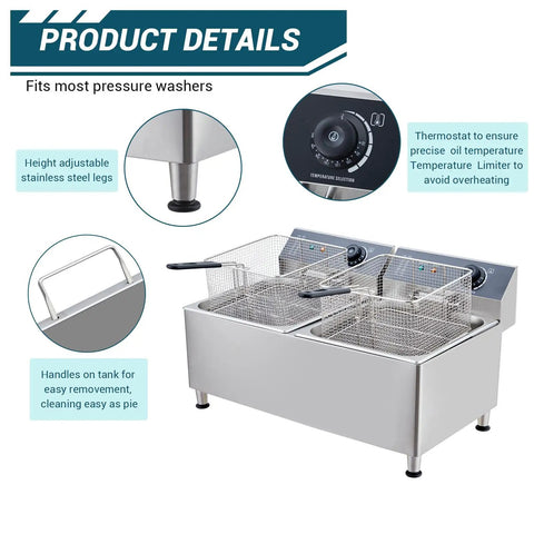 Festisoul 22Qt Double Commercial Electric Deep Fryer with adjustable legs, thermostats, and two wire baskets for professional kitchens.