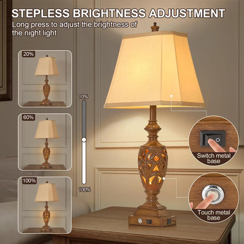 29.5 Inch Tall Touch Control Traditional Table Lamp Set Of 2 With Dual USB Ports 3 Way Dimmable Hollow Out Leafwork Bronze Wood Finish Retro Farmhouse Rustic Look Vintage Bedside Nightstand Desk Lamps For Living Room And Bedroom showing stepless brightness adjustment on a wooden table.