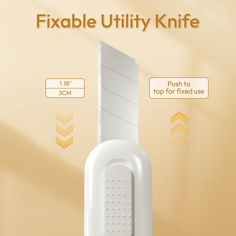 Close-up of a 1.18 inch utility knife from All In One Window Tint Kit For Easy Car Tinting With A Suede Squeegee Utility Knife And 120ml Spray Bottle Included For Privacy Film And Window Wallpaper Install And A Pro Grade Finish against a beige background.