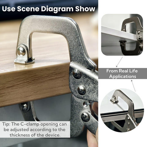 Heavy Duty 6 Inch C Clamp Locking Pliers Set showing adjustable jaw and swivel pad gripping wood surface for workshop use