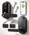 Secure Your Pad With This Beefed-Up Smart Lock And Keypad Handle showing fingerprint access, keypad, keys, and fob cards.