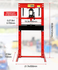 Heavy Duty 20 Ton Hydraulic Shop Press, Adjustable H Frame Floor Press With Thick Steel Plates For Shop Dogs And Metal Straightening, Rock Solid Red Build features measurements and hydraulic components.