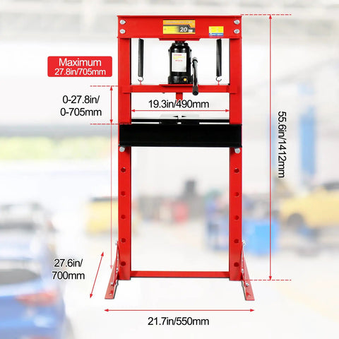 Heavy Duty 20 Ton Hydraulic Shop Press, Adjustable H Frame Floor Press With Thick Steel Plates For Shop Dogs And Metal Straightening, Rock Solid Red Build features measurements and hydraulic components.