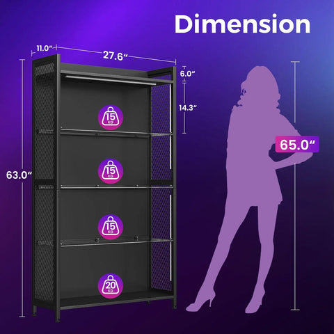Four Tier Freestanding Glass Display Cabinet With Smart RGB LED Lighting And Handy App Control dimensions and load capacity shown.