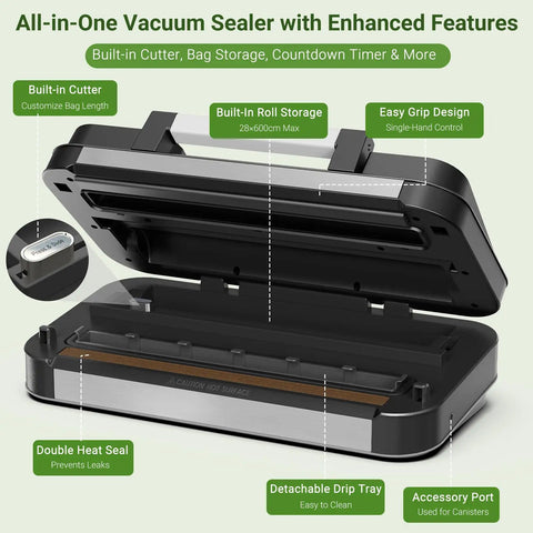 95kPa Vacuum Sealer Machine With Dual Pump Vacuum And Inflate Modes open with built-in cutter and roll storage visible