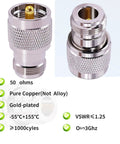 Close-up of 2 Pack UHF PL259 Male To N Female Straight Coax Adapter RF Coaxial Connector with gold-plated tip and specs.