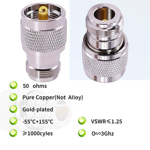 Close-up of 2 Pack UHF PL259 Male To N Female Straight Coax Adapter RF Coaxial Connector with gold-plated tip and specs.