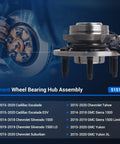 Front Wheel Hub And Bearing Assembly 6 Lug With ABS For Chevy Tahoe Silverado Suburban GMC Yukon Sierra Escalade Cadillac 2014 To 2020 RWD Direct Fit Beefed Up Heavy Duty OEM Grade Quality Ready For Rough Roads image showing component details and fitments.
