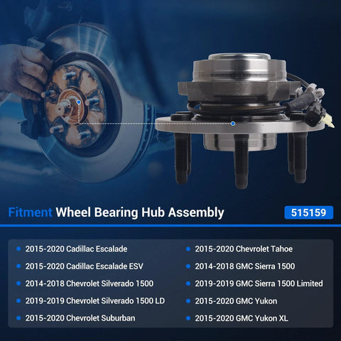 Front Wheel Hub And Bearing Assembly 6 Lug With ABS For Chevy Tahoe Silverado Suburban GMC Yukon Sierra Escalade Cadillac 2014 To 2020 RWD Direct Fit Beefed Up Heavy Duty OEM Grade Quality Ready For Rough Roads image showing component details and fitments.