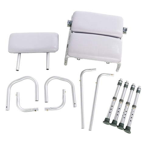 Disassembled parts of Deluxe Comfy Padded Shower Chair With Backrest And Arms Waterproof Cushioned Seat for Comfort and Safety.