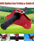 Backyard Zipline Kit For Kids And Adults, 160 Feet Long, red handle with black grip, heavy duty galvanized cable, close-up view.