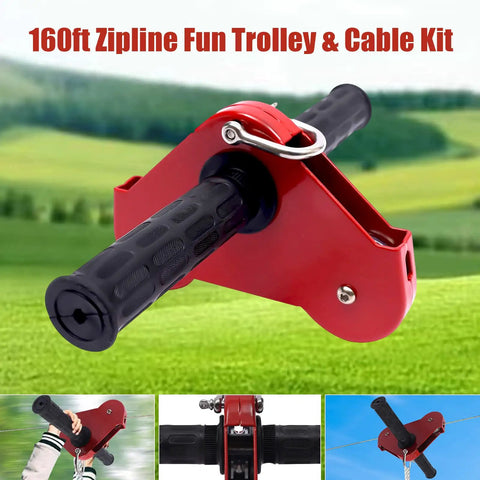 160 Ft Zip Line Kit For Backyard And Parks, red trolley handle close-up, stainless steel components, outdoor background