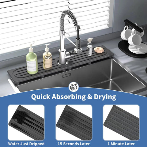 Premium Stone Faucet Mat For Kitchen Sink Heavy Duty Water Absorbing Splash Guard near faucet with quick drying feature.