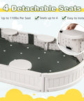 View of a weather resistant outdoor sand pit featuring 4 detachable seats, part of the Kids Sandbox With Cover And Built In Seating kit.