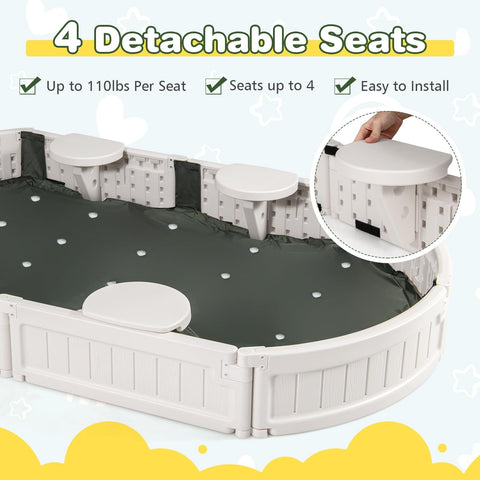 View of a weather resistant outdoor sand pit featuring 4 detachable seats, part of the Kids Sandbox With Cover And Built In Seating kit.