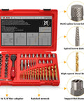 50 Piece Bolt Extractor Set With Screw And Nut Removers, Heavy Duty All In One Drill Bit Kit displayed in red carrying case