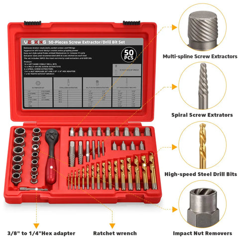 50 Piece Bolt Extractor Set With Screw And Nut Removers, Heavy Duty All In One Drill Bit Kit displayed in red carrying case