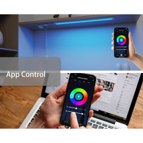 Smart Under Cabinet Lighting Kit Hardwired Or Plug In 12 Inch With White To Color Ambiance, app control on smartphone screen.