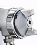 Close-up of stainless steel nozzle on Hardcore Pro Level Pneumatic Spray Gun With Slick Adjustable Valve And Killer Stainless Steel Nozzle For Smooth Auto Paint Jobs Up To 1000 Ml Capacity Tight Antiskid Grip Saves Dough On Quick Body Work Details.