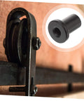Close-up of installed Five Piece Barn Track Spacers Set For Sliding Doors, Flat Track Hardware Wall Mounts, Heavy Duty Wall Supports.