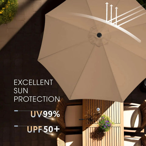 Top view of a 9Ft Patio Umbrella with Base Included for Outdoor Deck, tan canopy, 8 sturdy ribs providing shade to patio furniture.