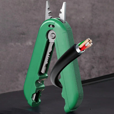 Compact Palm Sized Multifunctional Cable Stripper For Networking Cables Lightweight Wire Stripping Tool For Cat5 And Cat6 Ethernet Installations, green design with wire.
